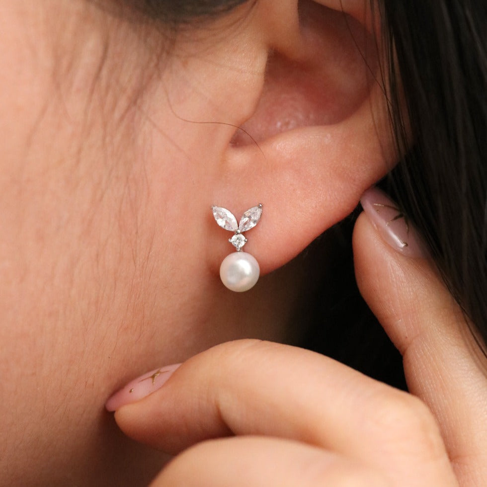 Cubic Leaf Pearl Drop Earrings Low Stock18k Rose gold