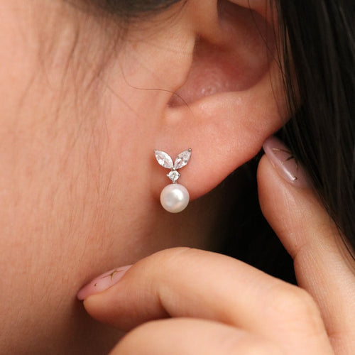 Cubic Leaf Pearl Drop Earrings Low Stock18k Rose gold