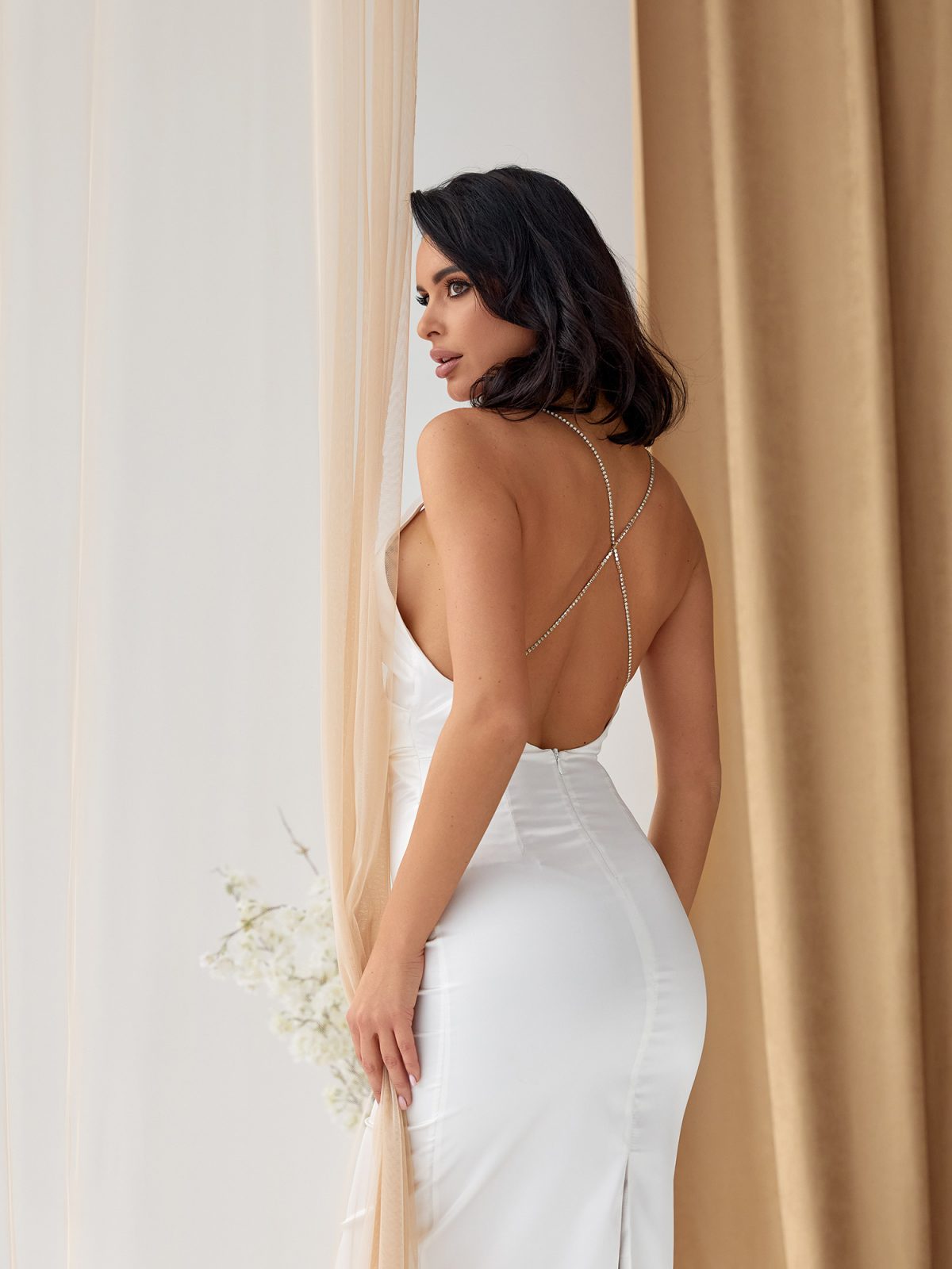 Open back white satin midi dress for women — GLOWSYOU occasion wear