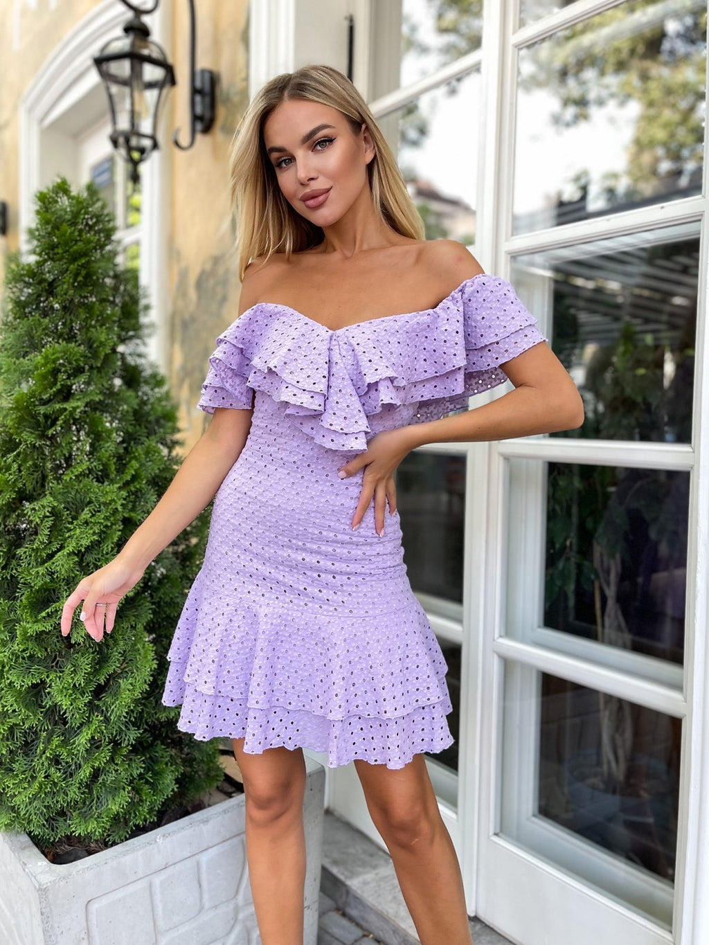 Lavender off shoulder dress with double ruffle neckline — GLOWSYOU petite summer dress