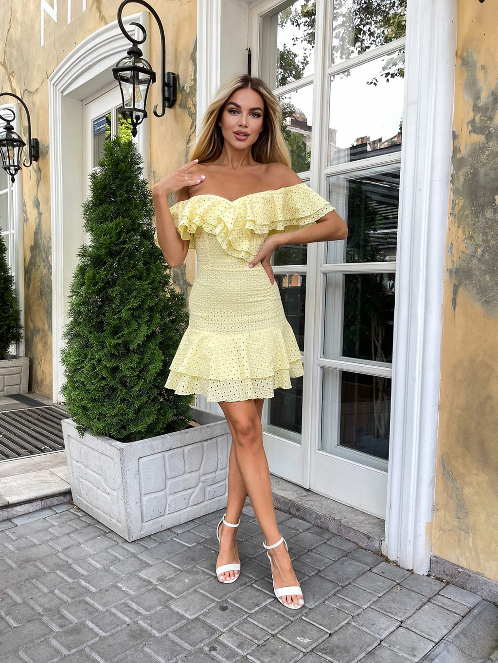 yellow broderie anglaise mini dress with double ruffle neckline — GLOWSYOU petite summer dress