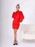 Mock Neck Puffed Satin Sleeve Body-con Mini Dress