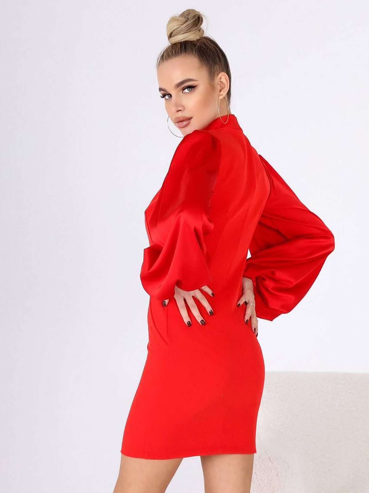 Mock Neck Puffed Satin Sleeve Body-con Mini Dress