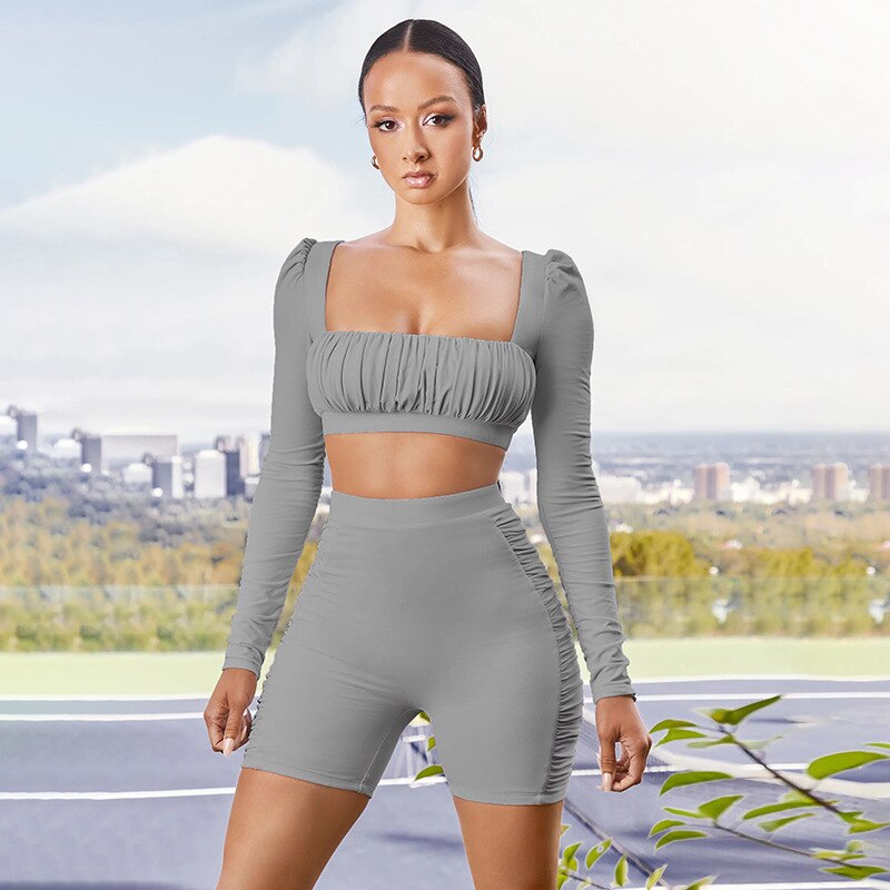 Solid Sports Yoga Set Women Gym Clothes Long Sleeve Pleated Crop Top Skinny Shorts Tracksuit Fashion Fitness Workout New Suit