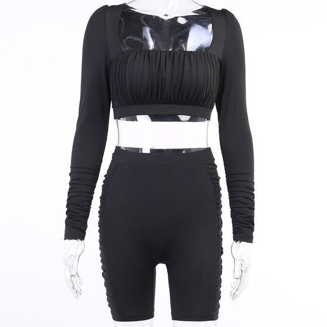 Solid Sports Yoga Set Women Gym Clothes Long Sleeve Pleated Crop Top Skinny Shorts Tracksuit Fashion Fitness Workout New Suit