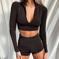 Seamless Black Yoga Set Women Gym Clothes Fashion Long Sleeve Zipper Crop Top Shorts Suit Push Up Workout Training Tracksuit
