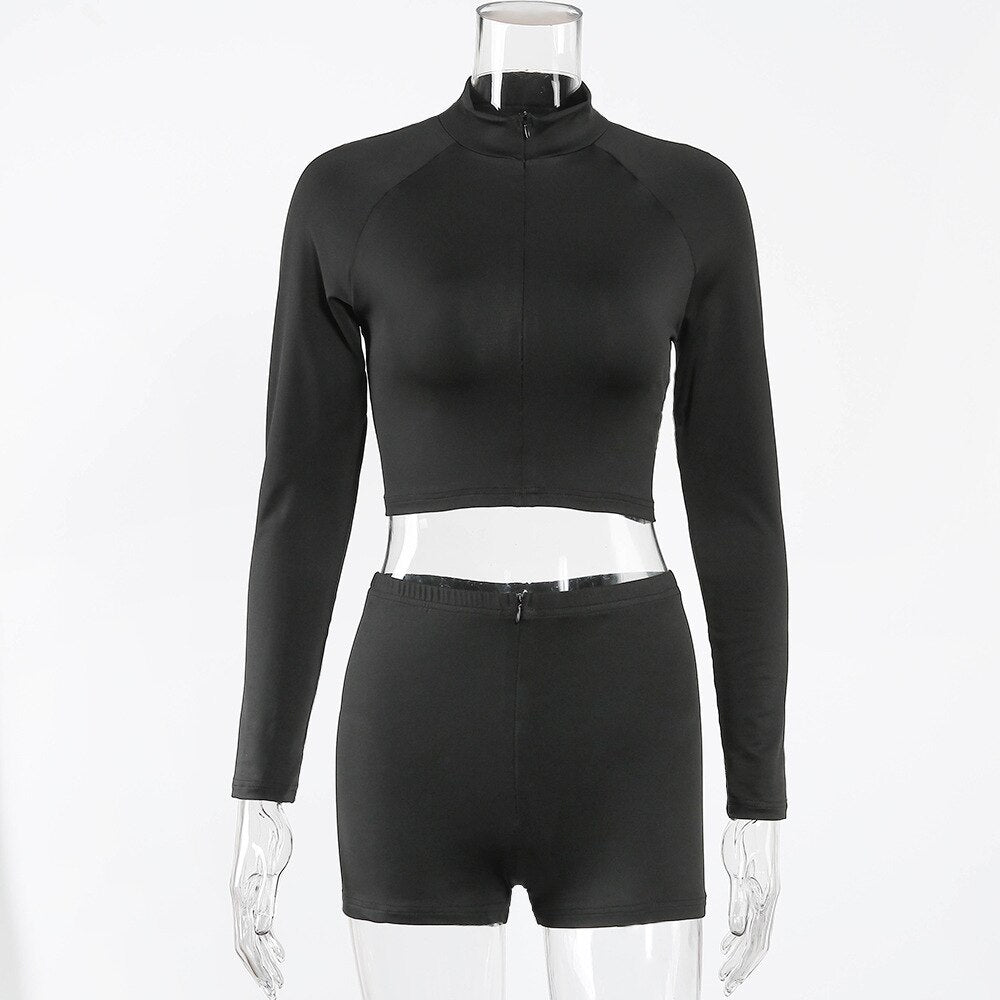 Seamless Black Yoga Set Women Gym Clothes Fashion Long Sleeve Zipper Crop Top Shorts Suit Push Up Workout Training Tracksuit