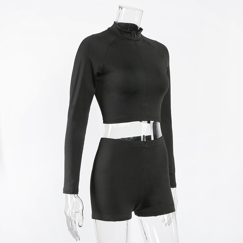 Seamless Black Yoga Set Women Gym Clothes Fashion Long Sleeve Zipper Crop Top Shorts Suit Push Up Workout Training Tracksuit