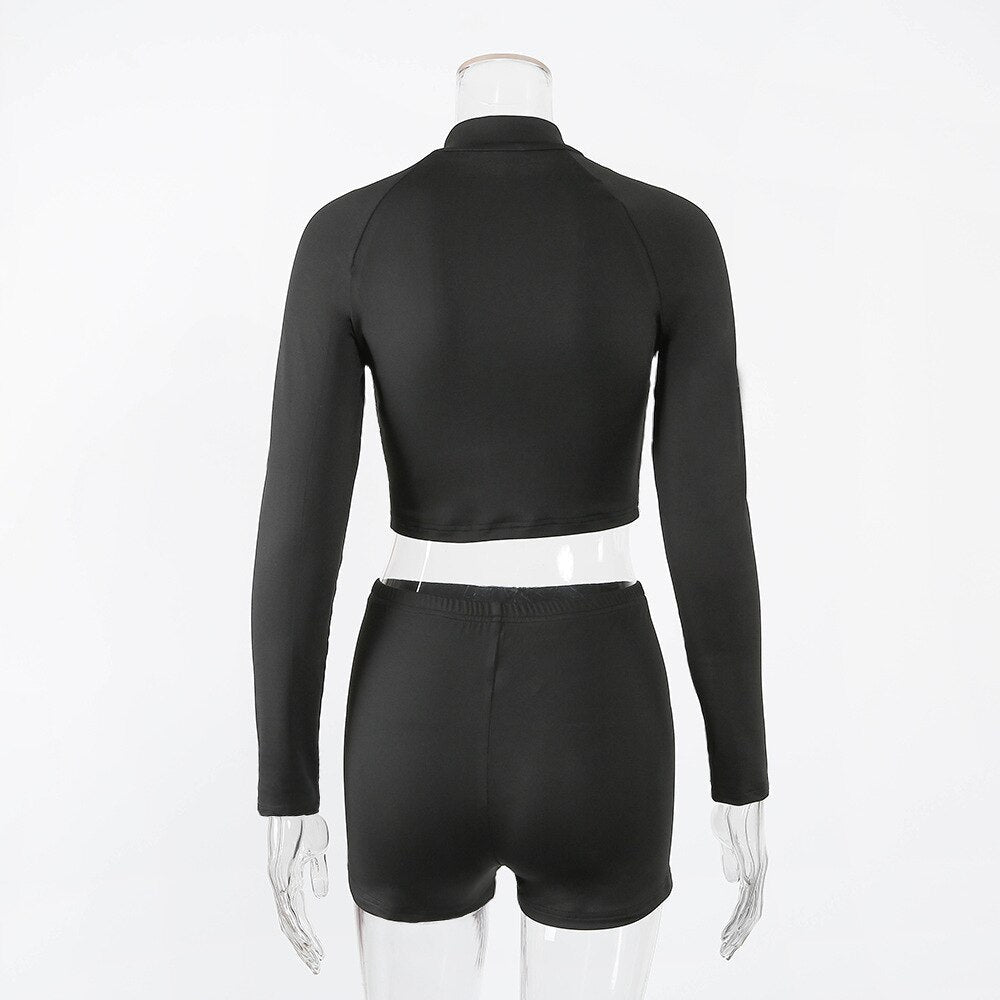 Seamless Black Yoga Set Women Gym Clothes Fashion Long Sleeve Zipper Crop Top Shorts Suit Push Up Workout Training Tracksuit