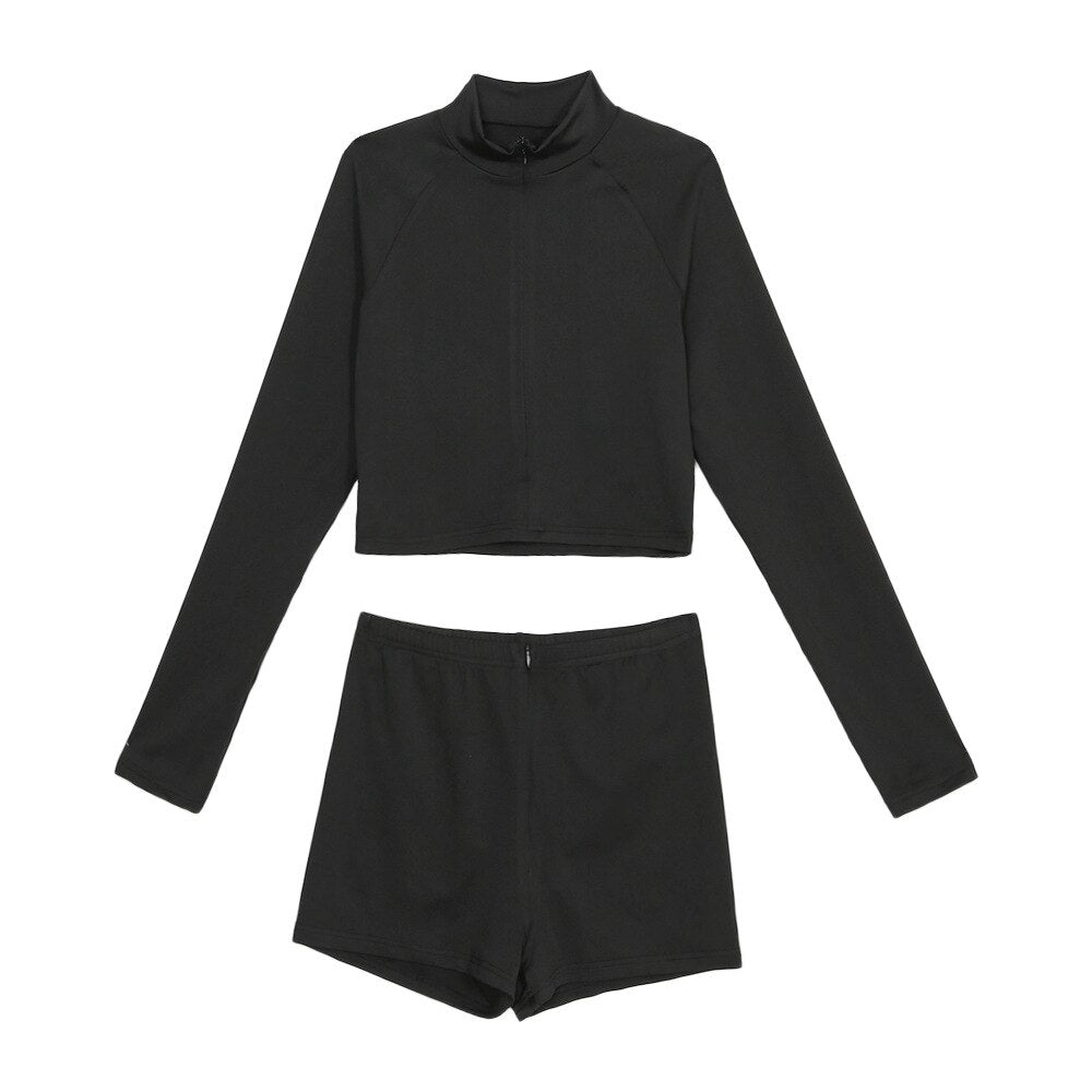 Seamless Black Yoga Set Women Gym Clothes Fashion Long Sleeve Zipper Crop Top Shorts Suit Push Up Workout Training Tracksuit