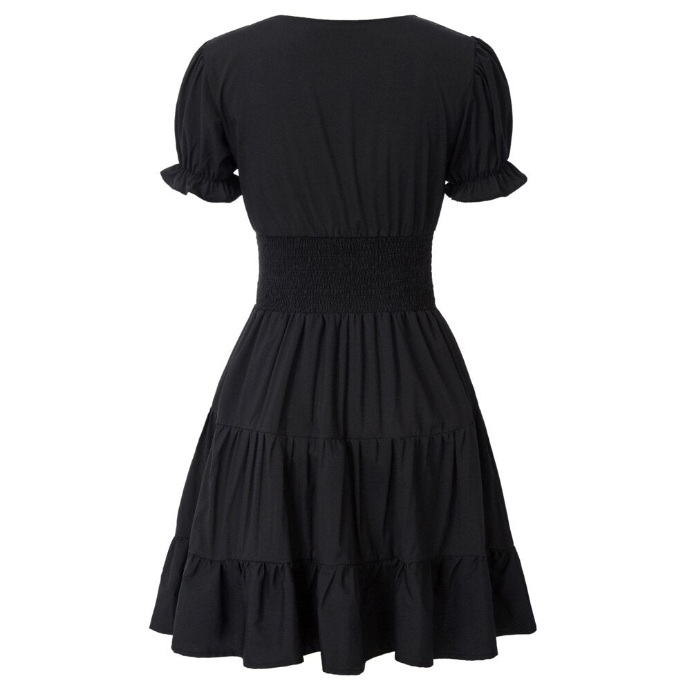 Summer Short Dresses Women Cake Dress Smocked Waist Short Sleeve Square Neck A-Line Solid Color Fashion Slim Waist Clothes New